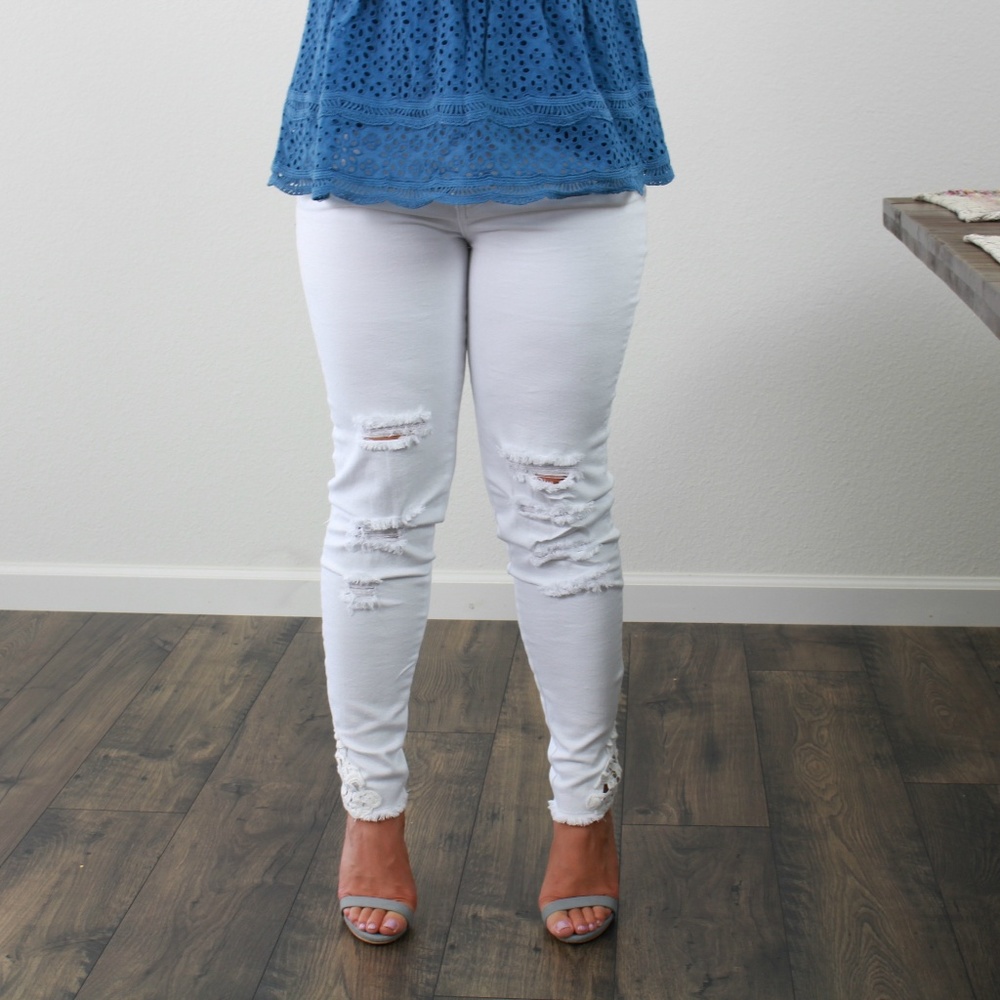 White Distressed Crochet Trim Jeans - Picture 4 of 7